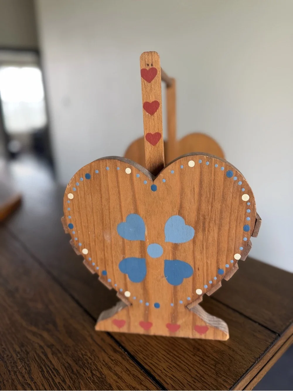 Vintage Wooden Heart Slat Basket Caddy Handle Blue Folk Art Stencil Cottagecore